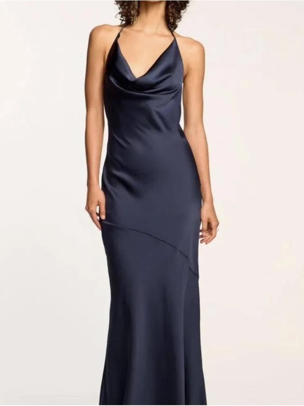 Ramy Brook Navy Satin Cowl Halter Maxi Dress